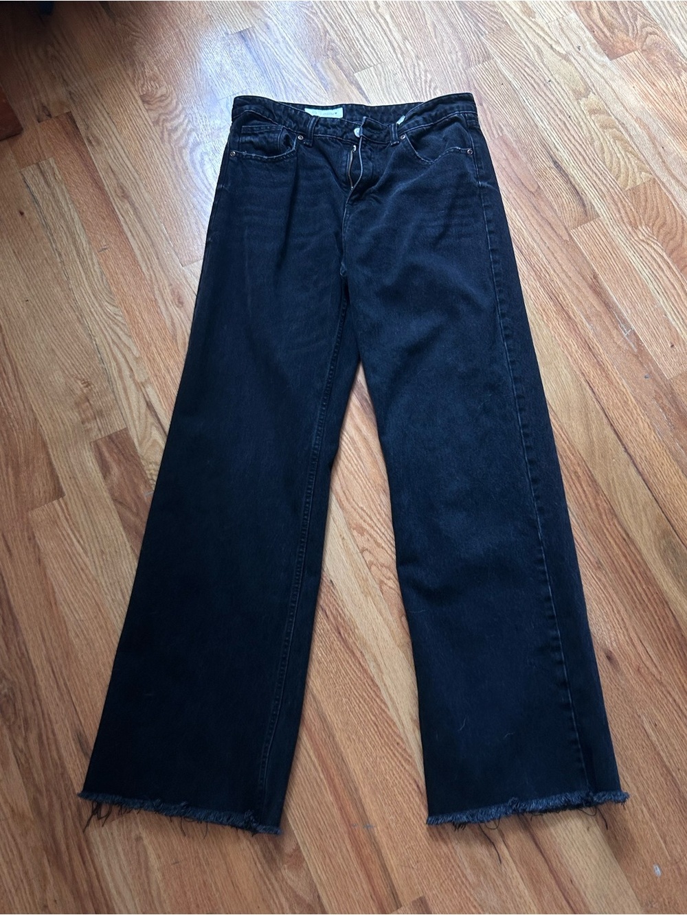 Zara Black Wide-Leg Low Rise Raw Hem Jeans